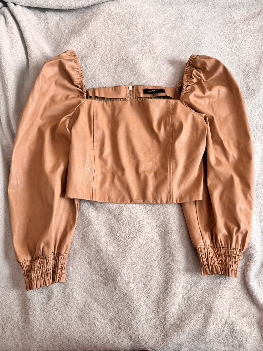 7 For All Mankind Tan Faux Leather Puff Sleeve Crop Top